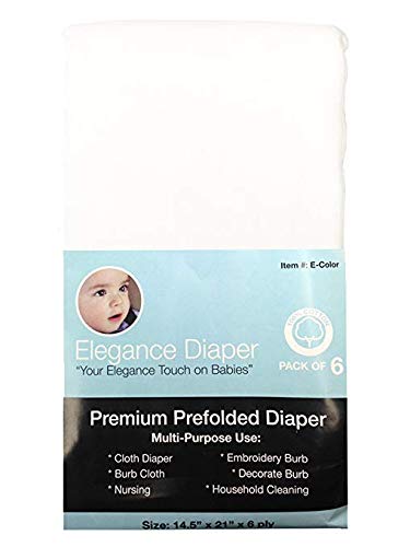 Elegance Diaper, Prefold Cloth Diaper Regular 4x6x4 6 Pack 100% Cotton (White)
