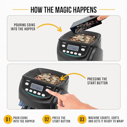 Image of Kolibri KCS-2000 Professional USD Coin Counter Machine, Coin Sorter, Wrapper /Roller | 300 Coins /min, LED Display, Batch Feature | USD Change Counter (USA Tech Support)