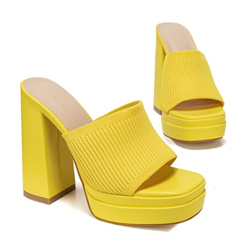 azmodo Elegant High Chunky Heel Mule Sandals for Women Chic Platform Summer Slip-Ons Block Heel Wedge Shoes with Knit Upper Fashionable Dressy Evening Party Shoes (Yellow, 6.5-7)