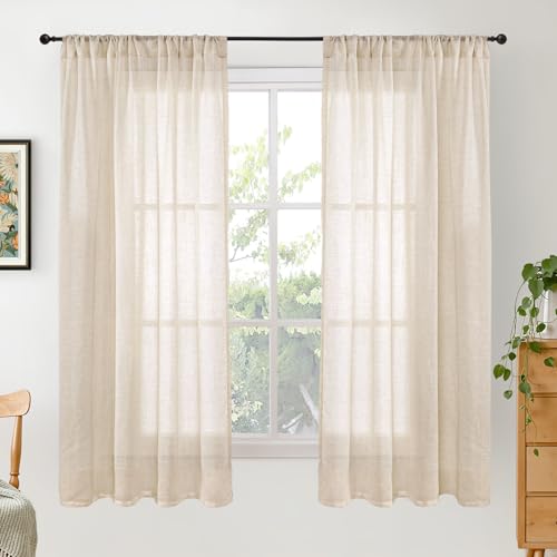 Image of BGment Natural Linen Curtains 63 Inches Long for Bedroom Windows, Sheer Drapes Lightweight Rustic Country Textured for Farmhouse Living Room Decor Rod Pocket, 2 Panels Set, Each 42 Inch Wide