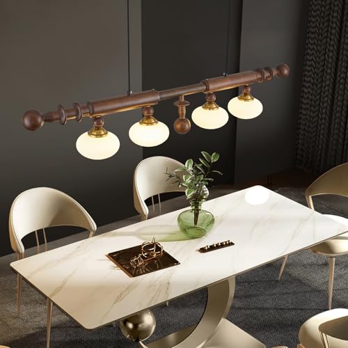 Image of Wood and Globe Linear Chandelier Wooden Farmhouse Dining Room Light Fixture Rustic 4-Light Linear Kitchen Island Lighting Mid Century Modern Globe Hanging Pendant Light with Milk Glass Lampshade