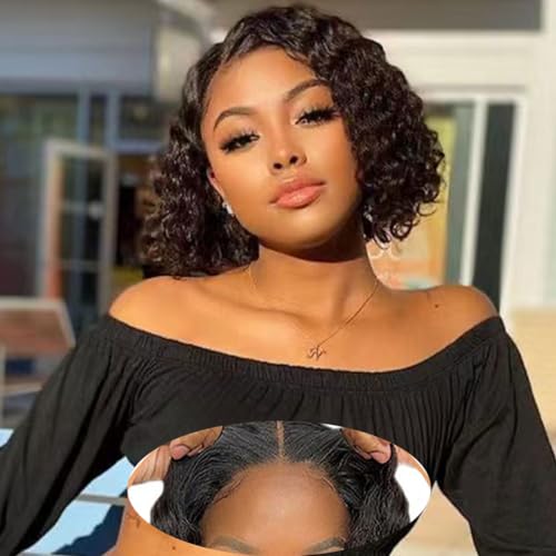 Image of Srakuw Wear and Go Glueless Wigs Human Hair Pre Plucked Pre Cut 4x4 Lace Front Wigs for Black Women for Beginners 180 Density Curly Bob Wig Human Hair (8 Inch)