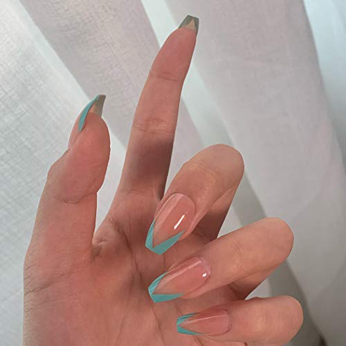 Harosy Coffin French Press on Nails Long Fake Nails Full Cover Artificial Nails for Women and Girls 24Pcs (Green)