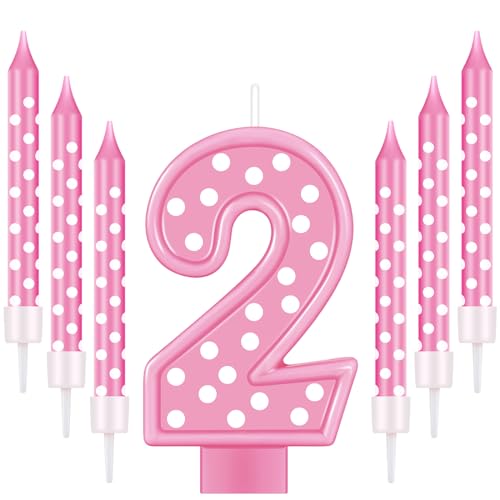 Birthday Candle Number Girls 3 Inch Hot Pink Candle and 6 Pcs Polka Dot Birthday Candles 3.8 Inch First Party Cake Birthday Decorations for Girl (Number 2)