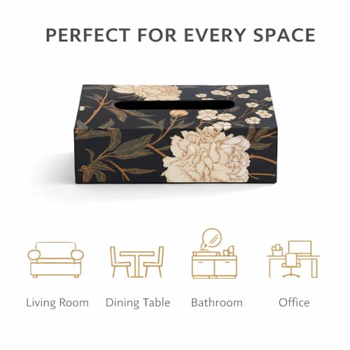 Image of Reinvention Factory Wooden Tissue Box Holder for Dining Table & Home | Tissue Paper Box Holder, Wooden Tissue Box Cover | Decorative Black Floral Tissue Holder for Bathroom, Office, Living Room