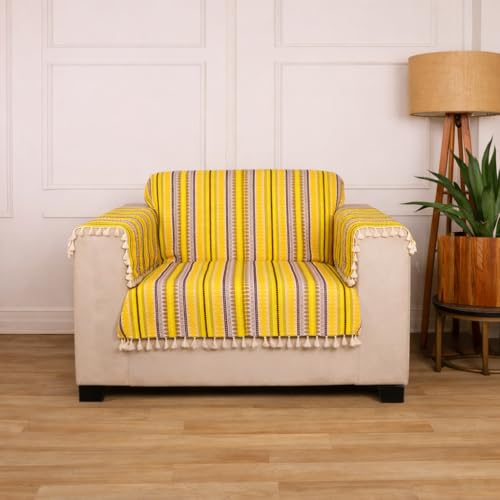 Image of Gifts Island 1 Seater Cotton Sofa Cover Mat | Anti Slip Armchair Cover Throw | All Over Furniture Protector with Elastic Straps | Washable Couch Cover for Living Room (Yellow, 1 Seater)