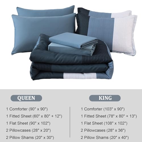 Juego de ropa de cama azul marino Queen de 7 piezas para evitar arrugas 6