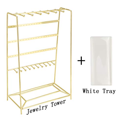 Morigem Jewelry Organizer, 5 Tier Jewelry Stand, Decorative Jewelry Holder Display With White Tray For Necklaces, Bracelets, Earrings & Rings, Gold #TOP5