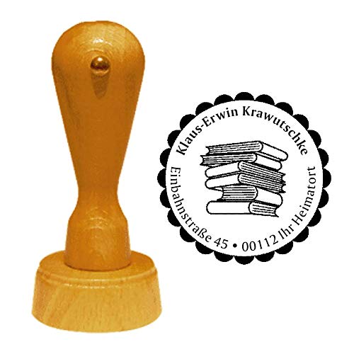 Stamp Address Stamp Book Stamp Diameter Approx. 40 mm with Personal Address and Motif Books Library Literature