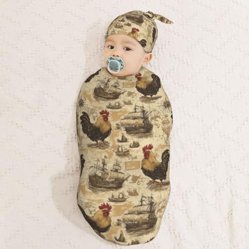 Image of Chickens Maps and Ships Newborn Swaddle Blankets Hat Sets Soft Baby Receiving Blanket Swaddle Sack for Baby Shower Infant Boy Girl Gift