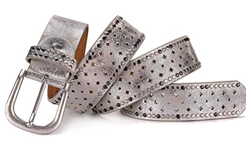 Women's Leather Genuine Leather Belt with Rhinestones and Studs, Star Pin Holes Studded Belt for Jeans3