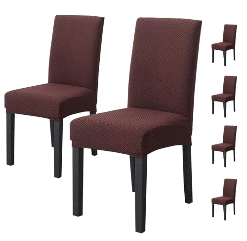 Image of House of Quirk Elastic Jacquard Chair Cover Stretch Removable Washable Short Dining Chair Cover Protector Seat Slipcover (Pack of 6, Dark Brown)