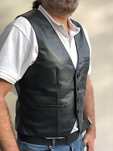 Overdrive Mens Real Sheep Leather Casual Western Vintage Biker Motorcycle Cruise Riding Vest Conceal Pockets Black Slim Fit3