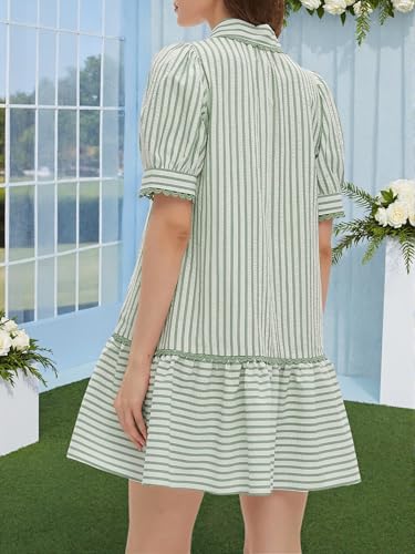 Image of EZAPINE Women Striped Shirt Dress Summer Button Down Collared Short Puff Sleeve Ruffle Hem Casual Flowy Mini Dress