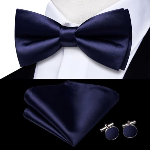 Image of Hi-Tie 5Pcs Mens Solid Color Silk Tie Satin Pretied Bowtie Lapel Pin for Men Handkerchief Cufflink Wedding Gift Box