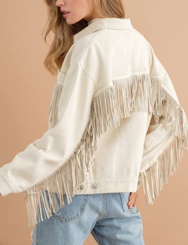 Women's Rhinestone Fringe Denim Jacket Long Sleeve Casual Tassel Jean Jacket Coat2