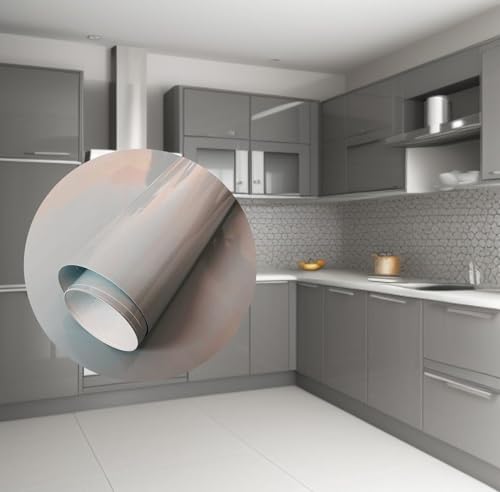 Image of HOME13 Light Grey Glossy Wallpaper Peel & Stick Wallpaper Self - Adhesive Removable Vinyl Wallpaper for Kitchen Cabinet Furniture Countertop Waterproof Wallpaper (12x84 Inch)