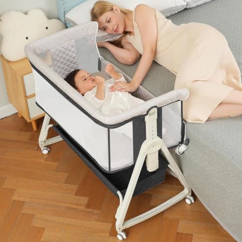 Image of MEICHYUN Baby Bassinet, Bedside Sleeper for Baby, Bedside Crib(Charcoal) | All Mesh Bassinet for Newborn, Portable with Wheels and Storage Basket, 6 Height Adjustable Easy to Assemble