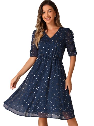 Image of Allegra K Chiffon Dress for Women's Metallic Stars Ruched Sleeve V Neck A-line Dress