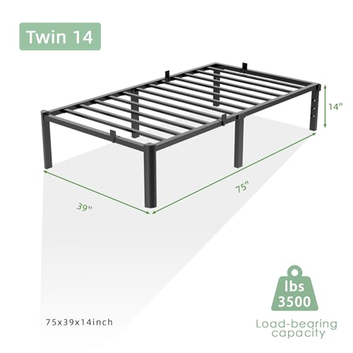 Image of Twin Size Bed Frame, 14 Inch Heavy Duty Metal Platform Bed Frame, Noise Free Steel Mattress Foundation, No Box Spring Needed, Spacious Under Bed Space