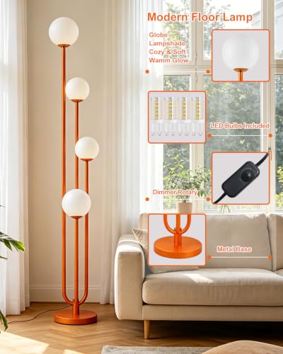 Image of Lightdot Orange Globe Floor Lamp 4-Lights Dimmable Floor Lamps with 3000K Bulbs Included Unique Mid Century Modern Tall Standing Lamp with 5Lbs Heavy Base for Living Room /Bedroom /Sofa Beside