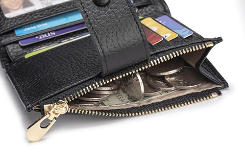 Image of Genuine Leather Wallets for Women RFID Blocking Bifold with Zipper Pocket, 2 ID Windows, 18 Card Slots, Black
