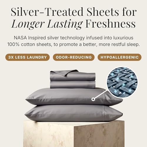 Image of Miracle Made Cotton Bed Sheets - 4 Piece Silver Infused, 300-Thread-Count Thermoregulating Miracle Clean & Cool Sheet Set (Stone, Twin XL)