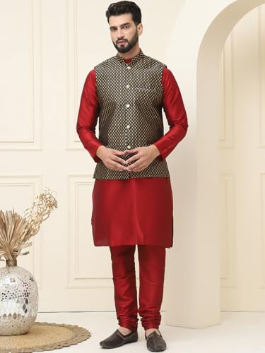 Image of SOJANYA (Since 1958 Men's Silk Blend Kurta Pyjama With Self Design Nehru Jacket