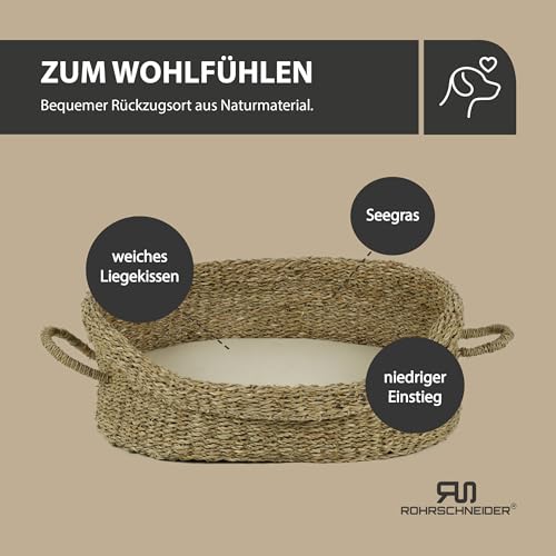 Rohrschneider Hundebett mit Henkel für kleine und mittelgroße Hunde | von Hand geflochtener Hundekorb aus Seegras mit verstärktem hohen Rand | Hundekissen mit waschbarem Bezug | Gr. 1 (51 x 43 cm)
