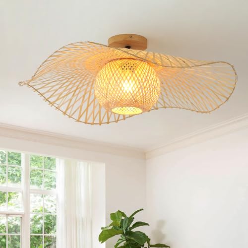 Schindora Plafonnier Bambou TisséEs,Boho Luminaires IntéRieur E27 Suspension Rotin Pour Cuisine,Plateau SupéRieur En Bois,DéCoration Lustre Salon Pour Chambre...