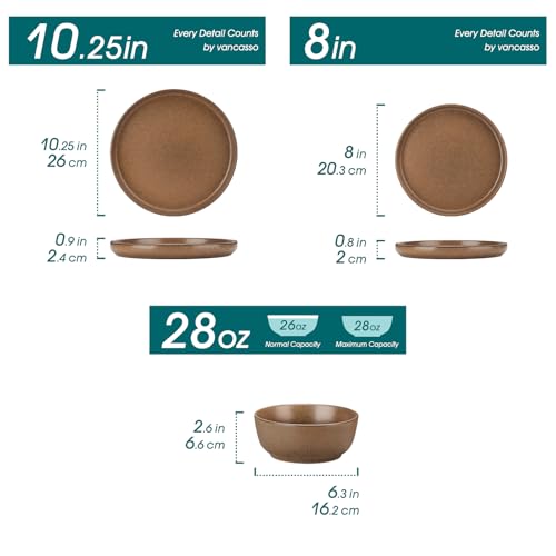 Image of vancasso Plates and Bowls Sets, 24 Pieces Stoneware Dinnerware Set for 8, Ceramic Dish Set for Kitchen, Microwave and Dishwasher Safe, Muted Brown, Series ZERMATT