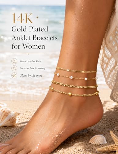 Image of LOYALLOOK Ankle Bracelets for Women Waterproof, 14K Gold Plated Cuban Figaro Link Chain Beaded Anklets Set, Dainty Layered Anklets for Women Non Tarnish Summer Beach Foot Jewelry Adjustable Size