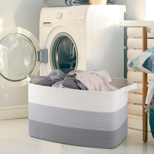 Image of OIAHOMY Extra Large Blanket Basket, 110L Cotton Rope Woven Laundry Basket, Toy Bin for Baby Room, Container for Blanket Storage in Living Room, 24.8''x17.3''x15.8'', Gradient Grey