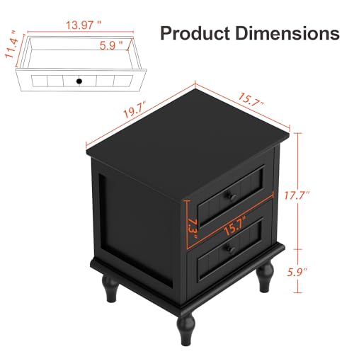 Scurrty Nightstand Set of 2, Antique Style End Table with 2 Drawers, Taller Nightstand for Bedroom, Side Table for Bedroom (Black)