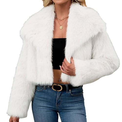Kelisdi Abrigo de invierno corto de felpa para mujer, solapa gruesa, manga larga, mullido, cálido, chaqueta sintética para boda