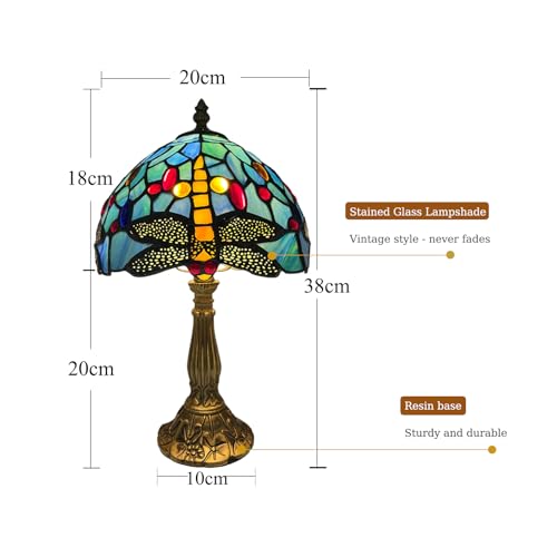 Kinbolas Tischlampe kleine im Tiffany Stil,Vintage Nachttischlampe,Schlafzimmer Fensterbank Deko Lampe,Jugendstil Tischleuchte,Blau Libellen Buntglas lampenschirm 20cm / 8 Zoll Mit LED E14 Birne