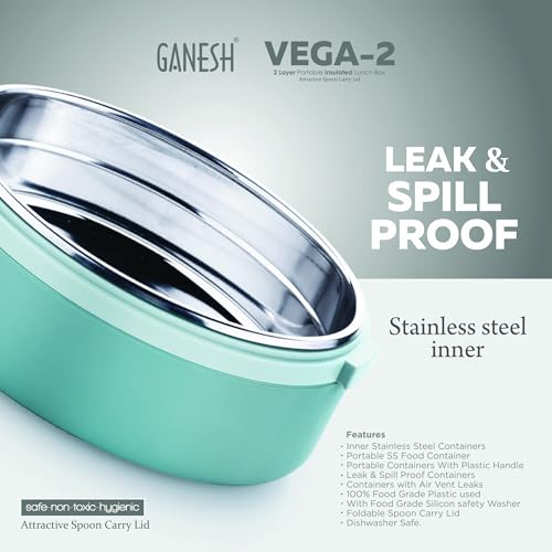 Image of Ganesh 2 Compartment Vega Insulated Food Container with Attractive Spoon - Airtight Leak-Proof Lunch Box for Office, School, Picnic 800ml - Peach
