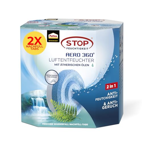 Pattex AERO 360° Frischer Wasserfall Tabs Nachfüllpack, reduzieren Feuchtigkeit und schlechte Gerüche, Nachfülltabs für den Luftentfeuchter AERO 360°, 2er-Pack (2x450g) Pattex AERO 360° Frischer Wasserfall Tabs Nachfüllpack, reduzieren Feuchtigkeit und schlechte Gerüche, Nachfülltabs für den Luftentfeuchter AERO 360°, 2er-Pack (2x450g)