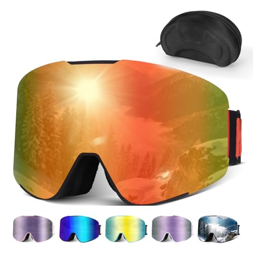 Hikeen Occhiali da Sci Fotocromatici, Effetto Iridescente, Antiappannamento con Protezione UV, con Rivestimento a 3 Strati per Sci e Snowboard, con Custodia, Unisex, Arancione