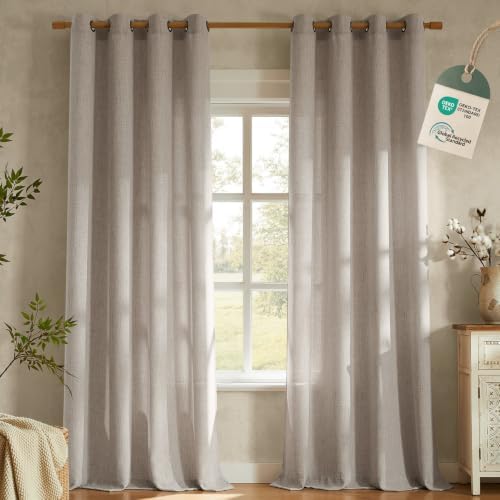 Leinen Vorhänge mit Ösen Halbtransparent H 240 x B 140 cm Gardine 2er Set | Halbtransparent Gardinen Wohnzimmer Leinenvorhang Lichtdurchlässig, Natürliche Leinenoptik, Linen Curtai