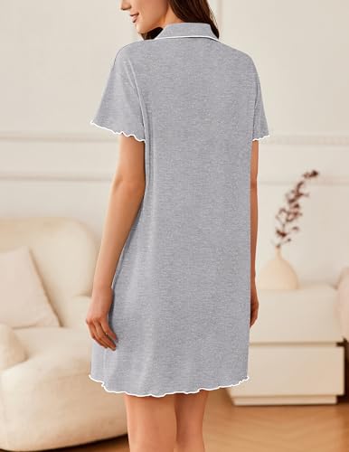 Image of Ekouaer Nightgowns for Women Button Down Sleep Shirt Short Sleeve NightShirts Boyfriend Sleepdress Soft Pajama Dress