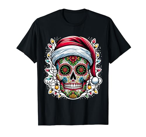 Weihnachten Sugar Skull Santa Hat Lights Day Of The Dead X-Mas T-Shirt