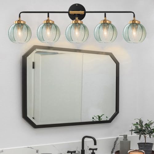 Image of 5-Light Bathroom Vanity Light Green Wall Lights Glass Globe Shade | Mid Century Modern Vintage Wall Sconce Vanity Lights 27.2Inch Long, 5.9Inch Glass Shade E26 Base,Over Mirror Bedroom Hallway