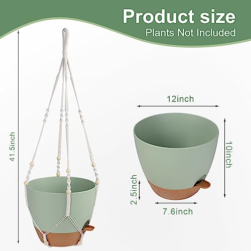Vanslogreen 41.5 Inch Macrame Plant Hanger Indoor Outdoor with 12 Inch Flower Pot, Hanging Planter for Plants Holder with Wood Beads for Boho Home Decor (Ivory+Green)