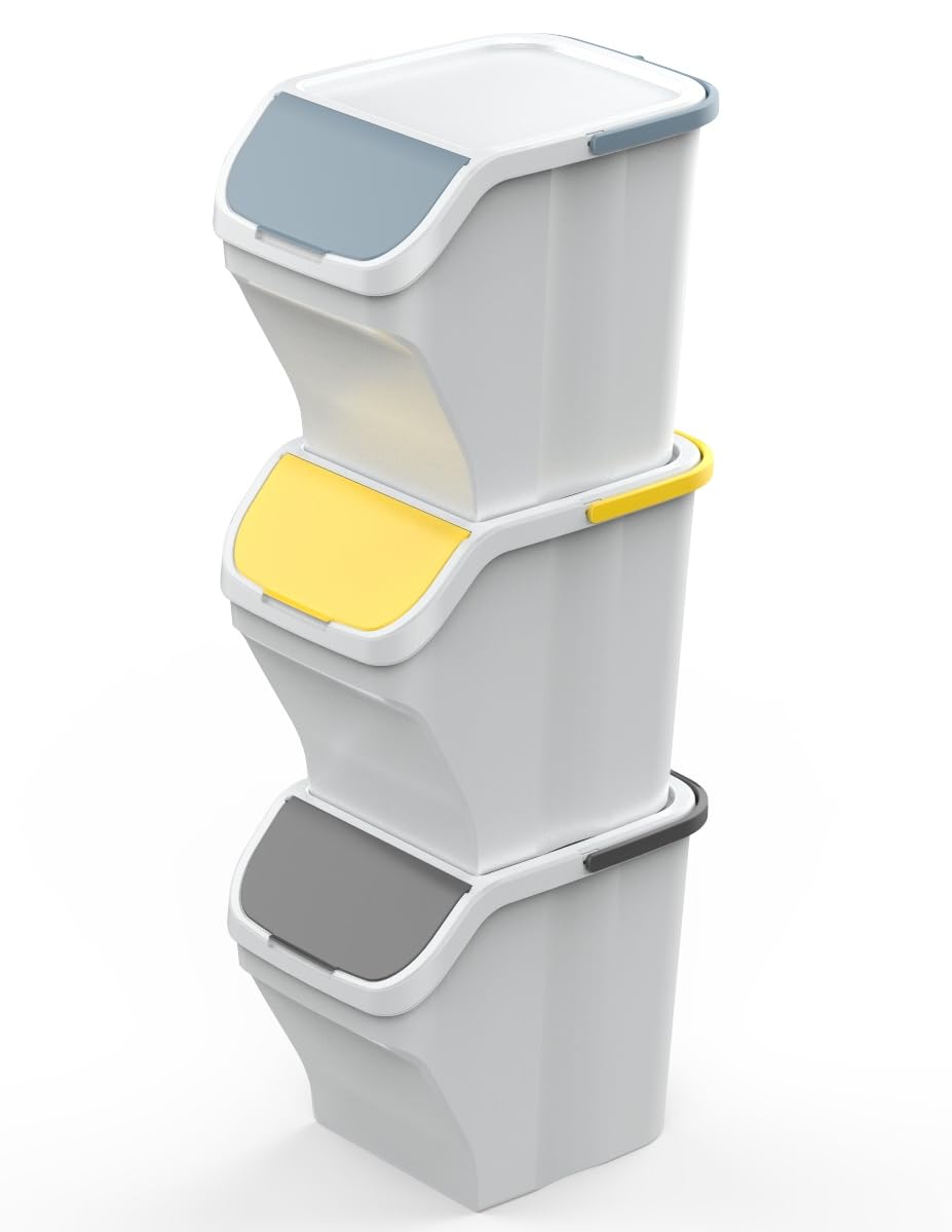 eacommerce - Pattumiera Contenitore 25L | Raccolta Differenziata | Bidone Modulare con Maniglia (Kit 3 Pezzi, Corpo Bianco)