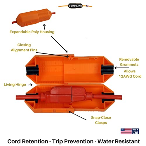 CordSafe Outdoor Extension Cord Safety Cover – Weather resistant, Durable Plug Protector, Indoor & Outdoor Use – Electrical Cord Connection for Holiday and Patio String Lights, Power Tools, Orange 3PK - Image 3
