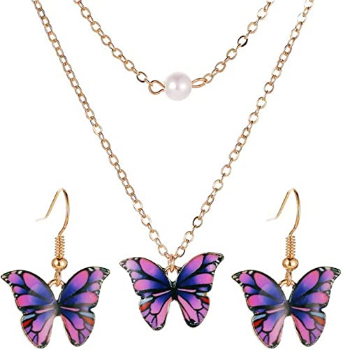 Maverick Butterfly Double Layer Necklace and Earrings Set (Purple, Gold) (B09ML42FM7) Amazon Price History, Amazon Price Tracker