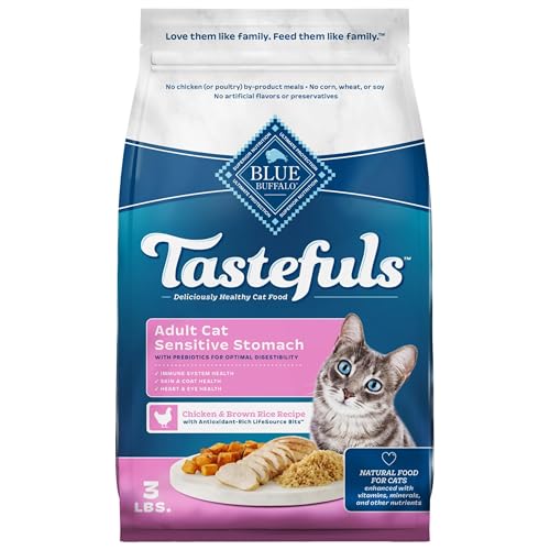 Blue Buffalo Tastefuls Natural Dry Food for Adult Cats, Sensitive Stomach, Chicken & Brown Rice Recipe, 3-lb. Bag