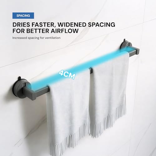 Image of MIORAH Suction Towel Holder for Bathroom - Rust - Free Powder Coated Wall Mounted Towel Rack No Drill Towel Rack Modern Bathroom Accessories Organizer Grey