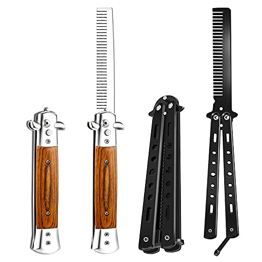 2 Pieces Wood Grain Switchblade Blade Comb Pocket Hair Brush Automatic Push Button Brush and Folding Butterfly Comb Stainless Steel Training Practice Comb Outdoor Practice Comb (Black)